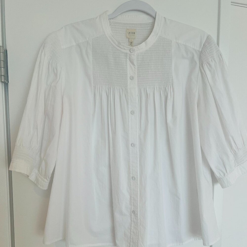 REBECCA TAYLOR La Vie White Smocked Blouse, Size L - Picture 2 of 5